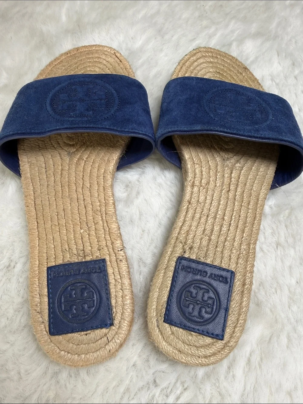 Tory Burch Benton Kid Suede Open Toe Espadrille Slide Navy 7.5 Embossed Logo